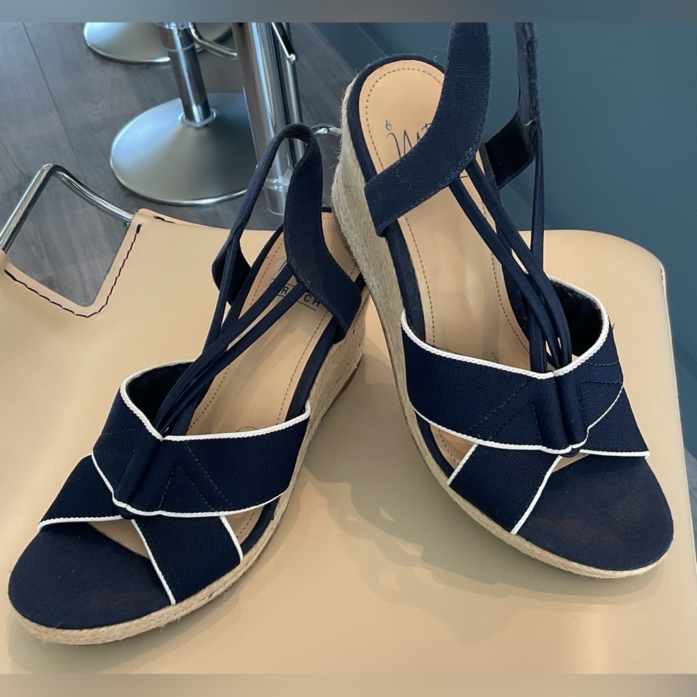 IMPO TIZA ESPADRILLE  Blue & White Stretch Woven Wedge Sandals.